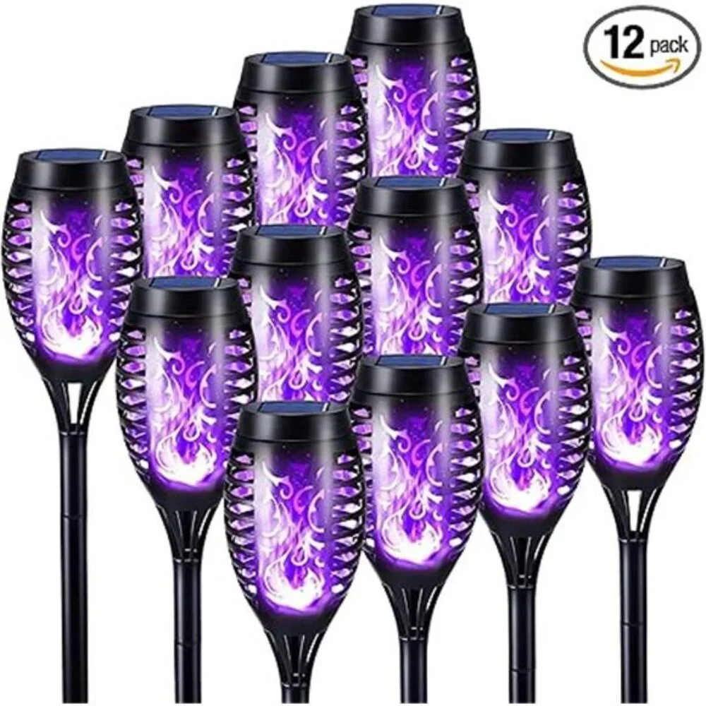 Purple Solar Halloween Lights, 12 Pack Solar Torch Lights with Flickering Flame
